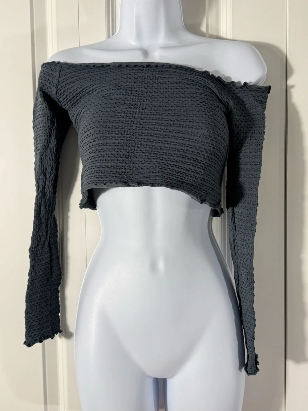 Free People Charcoal Off-the-Shoulder Long Sleeve Crop Top